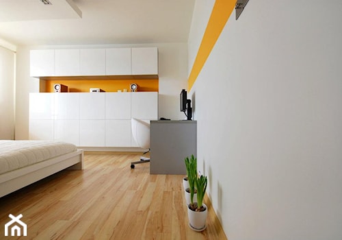 mieszkanie Koszalin - Średnia szara z biurkiem sypialnia, styl minimalistyczny - zdjęcie od Fabrykawnetrz