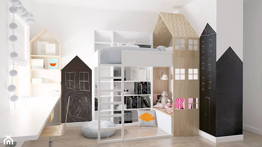 Mieszkanie w gdańskiej kamienicy - Mały biały czarny pokój dziecka dla dziecka dla chłopca dla dziewczynki, styl skandynawski - zdjęcie od BEZ CUKRU studio projektowe