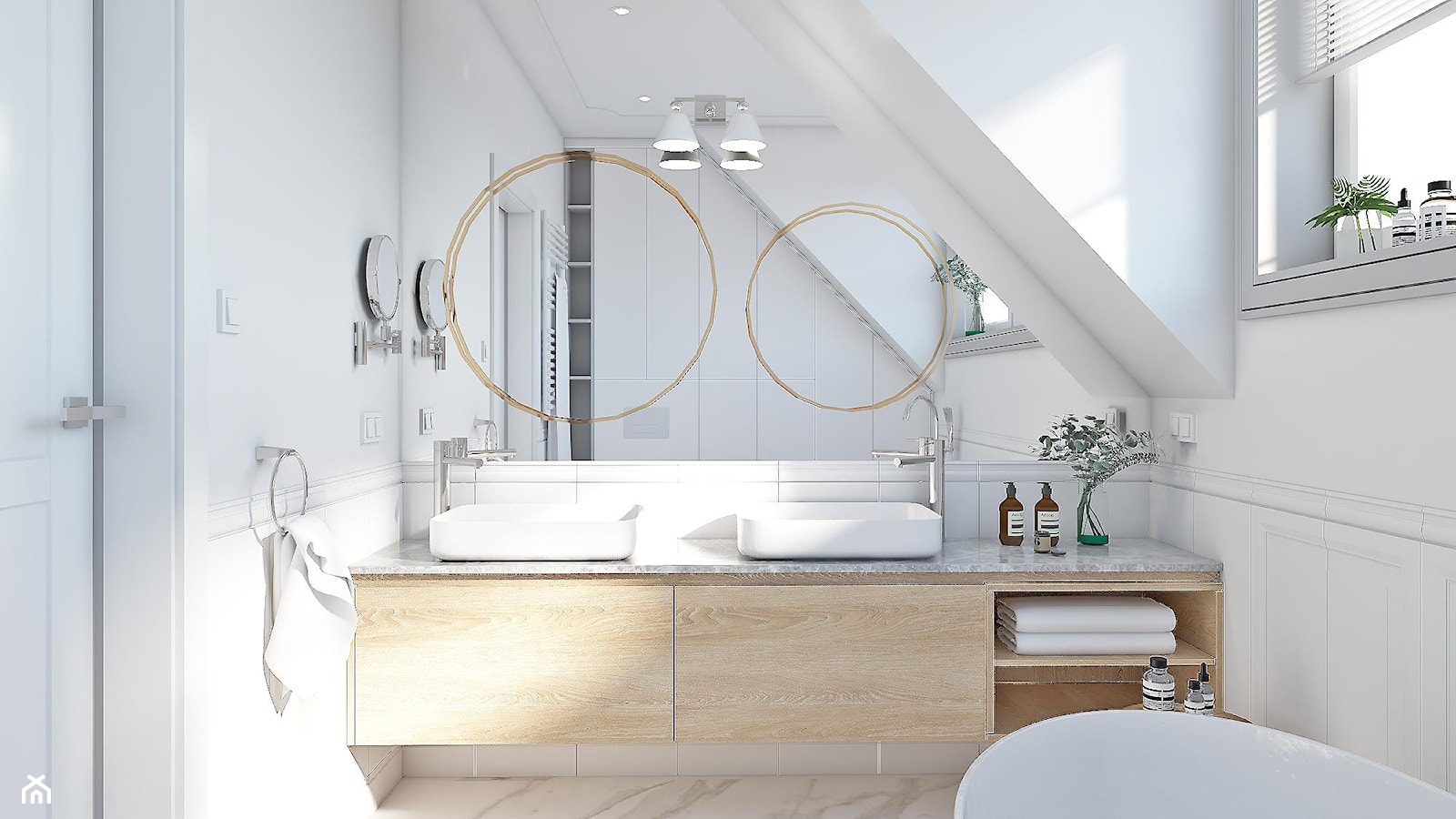 Dom dla rodziny - Średnia na poddaszu z lustrem z dwoma umywalkami z marmurową podłogą z punktowym o ... - zdjęcie od BEZ CUKRU studio projektowe - Homebook