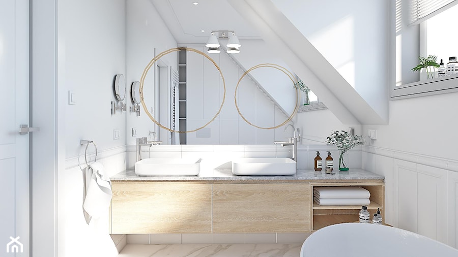 Dom dla rodziny - Średnia na poddaszu z lustrem z dwoma umywalkami z marmurową podłogą z punktowym oświetleniem łazienka z oknem, styl nowoczesny - zdjęcie od BEZ CUKRU studio projektowe