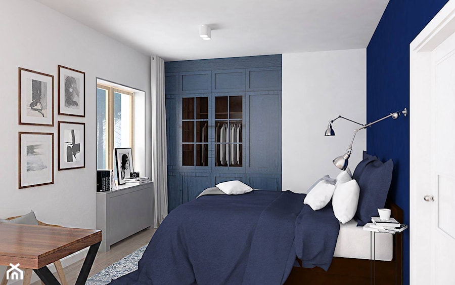 Mieszkanie w gdańskiej kamienicy - Średnia biała niebieska z biurkiem sypialnia, styl nowoczesny - zdjęcie od BEZ CUKRU studio projektowe