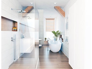 Dom nowoczesny - Duża na poddaszu jako pokój kąpielowy z punktowym oświetleniem łazienka z oknem, styl nowoczesny - zdjęcie od BEZ CUKRU studio projektowe