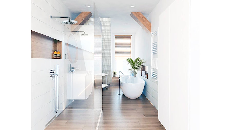 Dom nowoczesny - Duża na poddaszu jako pokój kąpielowy z punktowym oświetleniem łazienka z oknem, styl nowoczesny - zdjęcie od BEZ CUKRU studio projektowe