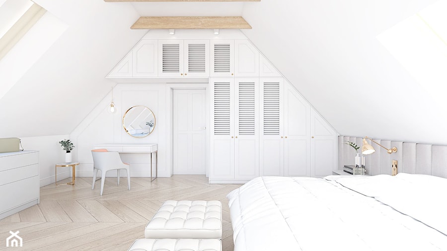 Dom dla rodziny - Duża biała sypialnia na poddaszu, styl nowoczesny - zdjęcie od BEZ CUKRU studio projektowe