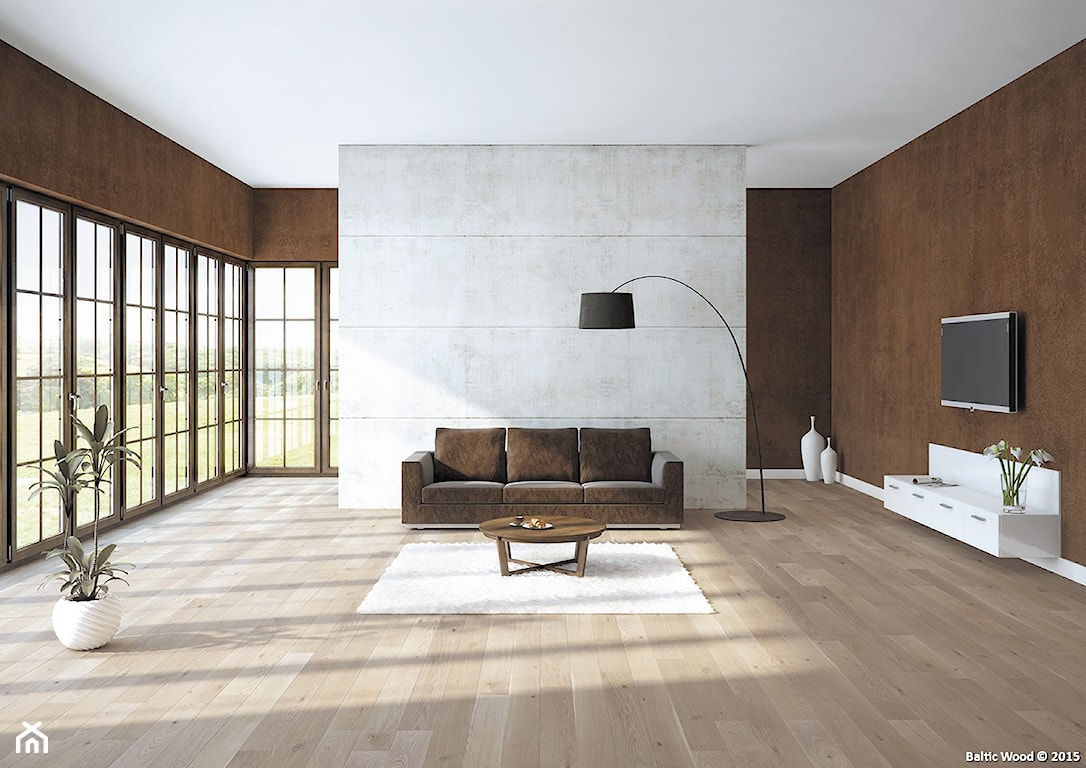 minimalistyczny brązowy salon, jasna drewniana podłoga w salonie, brązowa skórzana kanapa, brązowe ściany