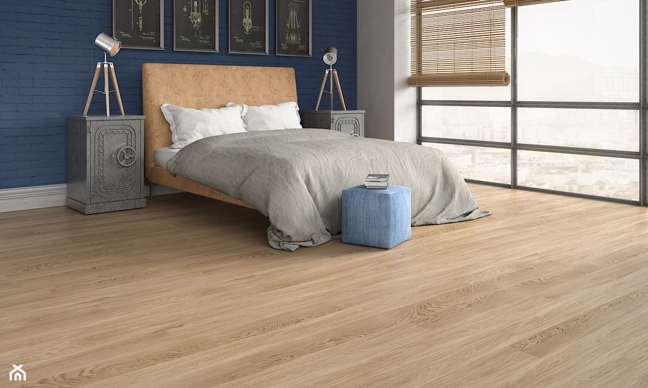 drewniana podłoga w sypialni z ceglaną ścianą