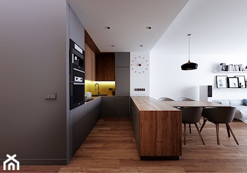 Mieszkanie Wilanów - Średnia otwarta z salonem biała żółta z zabudowaną lodówką z nablatowym zlewozmywakiem kuchnia w kształcie litery u, styl nowoczesny - zdjęcie od Kameleon - Kreatywne Studio Projektowania Wnętrz