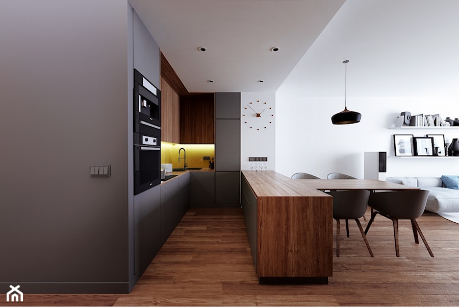 Mieszkanie Wilanów - Średnia otwarta z salonem biała żółta z zabudowaną lodówką z nablatowym zlewozmywakiem kuchnia w kształcie litery u, styl nowoczesny - zdjęcie od Kameleon - Kreatywne Studio Projektowania Wnętrz