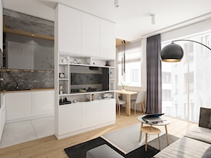 Mieszkanie Bemowo - Mały biały salon z kuchnią z jadalnią, styl nowoczesny - zdjęcie od Kameleon - Kreatywne Studio Projektowania Wnętrz