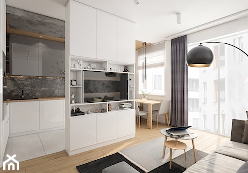 Mieszkanie Bemowo - Mały biały salon z kuchnią z jadalnią, styl nowoczesny - zdjęcie od Kameleon - Kreatywne Studio Projektowania Wnętrz