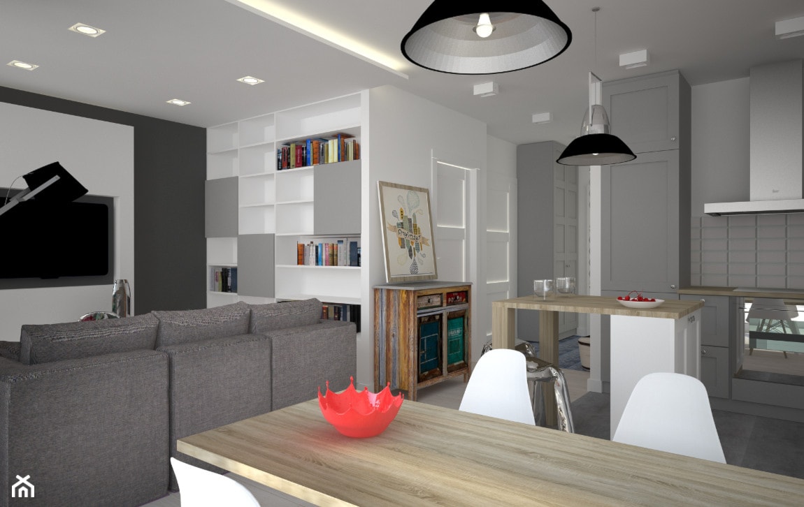Mieszkanie w skandynawskim stylu - Poznań - Duża biała szara jadalnia w salonie w kuchni, styl skan ... - zdjęcie od Kameleon - Kreatywne Studio Projektowania Wnętrz - Homebook