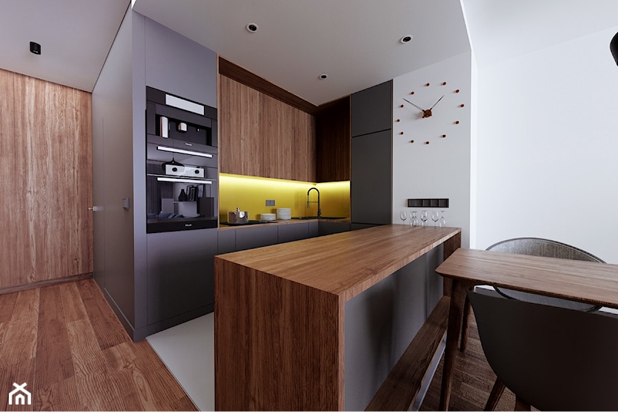 Mieszkanie Wilanów - Średnia otwarta z salonem z zabudowaną lodówką kuchnia w kształcie litery u, styl nowoczesny - zdjęcie od Kameleon - Kreatywne Studio Projektowania Wnętrz