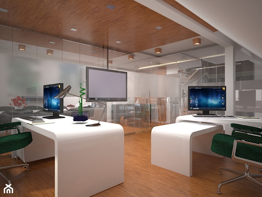 Biuro z drewnem i szkłem w tle - zdjęcie od Kameleon - Kreatywne Studio Projektowania Wnętrz