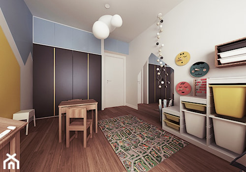 Mieszkanie Wilanów - Średni biały niebieski żółty pokój dziecka dla niemowlaka dla dziecka dla chłopca dla dziewczynki, styl nowoczesny - zdjęcie od Kameleon - Kreatywne Studio Projektowania Wnętrz