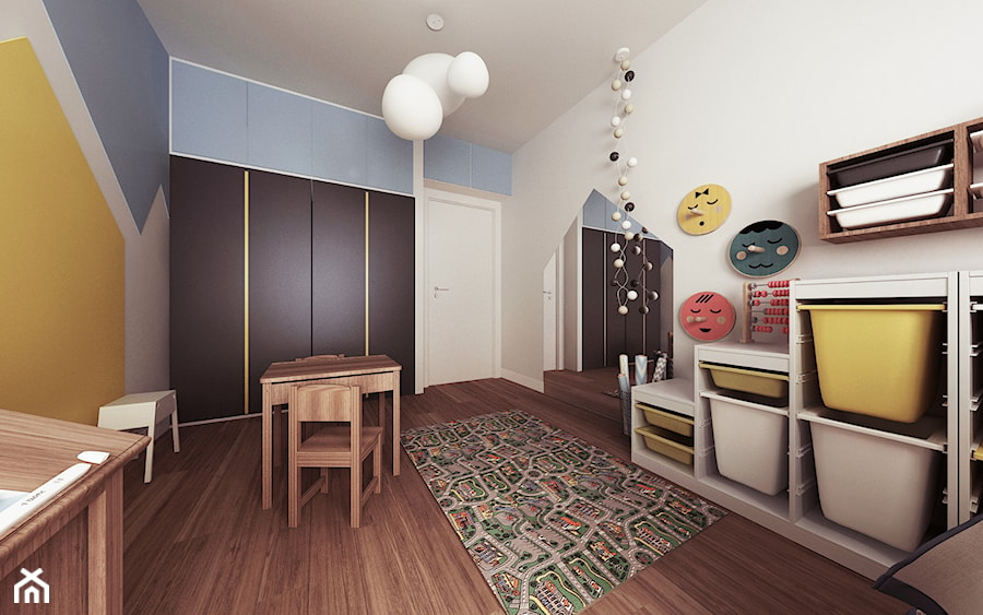 Mieszkanie Wilanów - Średni biały niebieski żółty pokój dziecka dla niemowlaka dla dziecka dla chłopca dla dziewczynki, styl nowoczesny - zdjęcie od Kameleon - Kreatywne Studio Projektowania Wnętrz