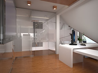 Biuro nowoczesne: z przeszkleniami i drewnem