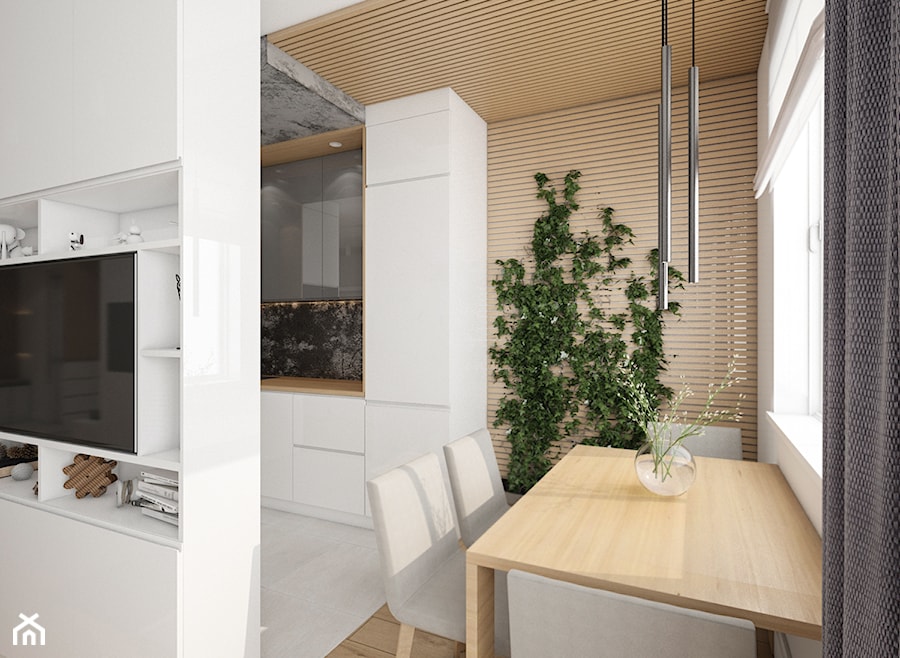 Mieszkanie Bemowo - Średnia biała jadalnia w salonie w kuchni, styl nowoczesny - zdjęcie od Kameleon - Kreatywne Studio Projektowania Wnętrz