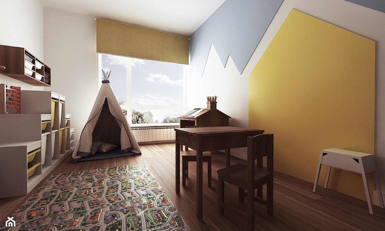 dywan z miastem i drogami w pokoju dziecka, niebiesko-żółte ściany w pokoju dziecka