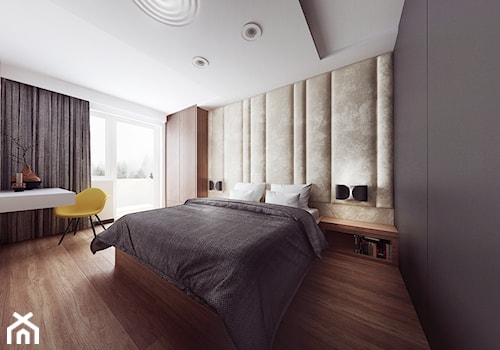 Mieszkanie Wilanów - Duża beżowa biała szara z biurkiem sypialnia z balkonem / tarasem, styl nowoczesny - zdjęcie od Kameleon - Kreatywne Studio Projektowania Wnętrz