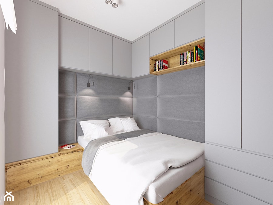 Mieszkanie Praga Południe - Mała biała szara sypialnia, styl nowoczesny - zdjęcie od Kameleon - Kreatywne Studio Projektowania Wnętrz