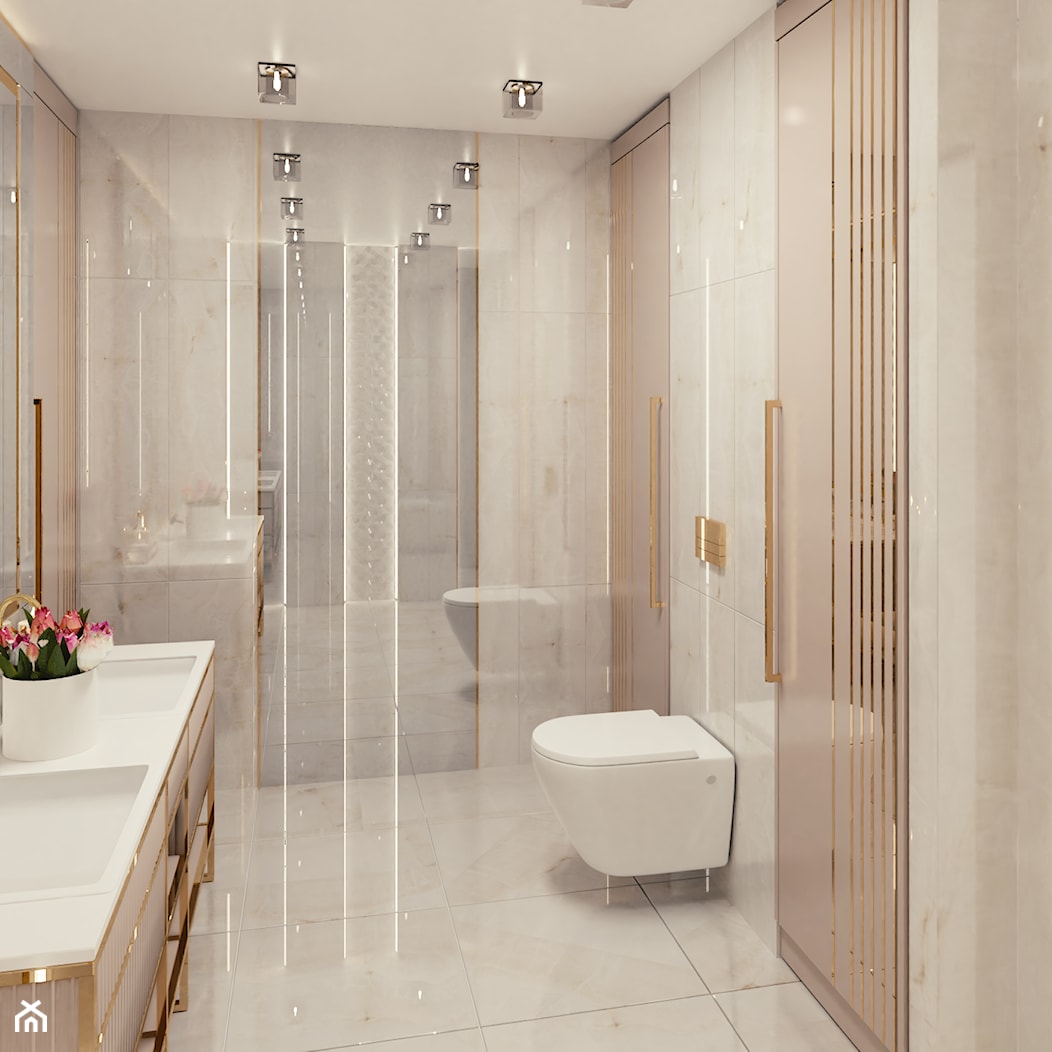 ROYAL GOLD - Średnia bez okna z dwoma umywalkami z punktowym oświetleniem łazienka, styl glamour - zdjęcie od BlueCat Studio - Homebook