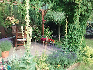 Kwiecisty taras - Mały z donicami na kwiaty taras z tyłu domu, styl tradycyjny - zdjęcie od urszulemanska