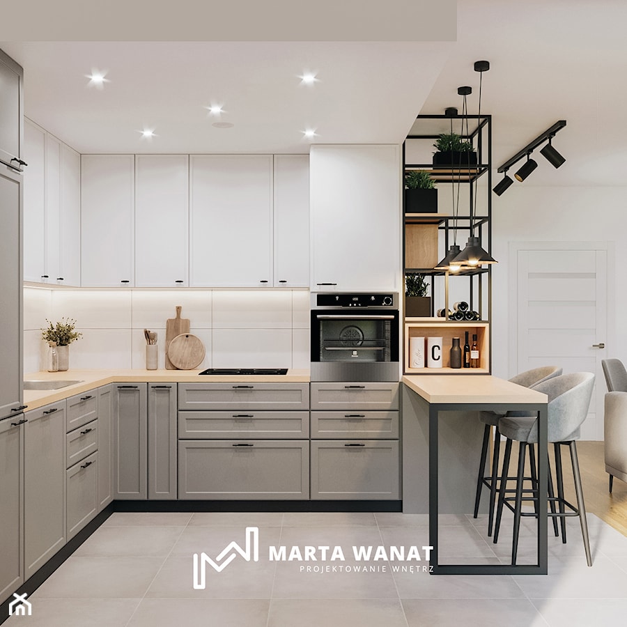 Kontrastowy salon z aneksem kuchennym - Kuchnia, styl industrialny - zdjęcie od Marta Wanat Projektowanie wnętrz