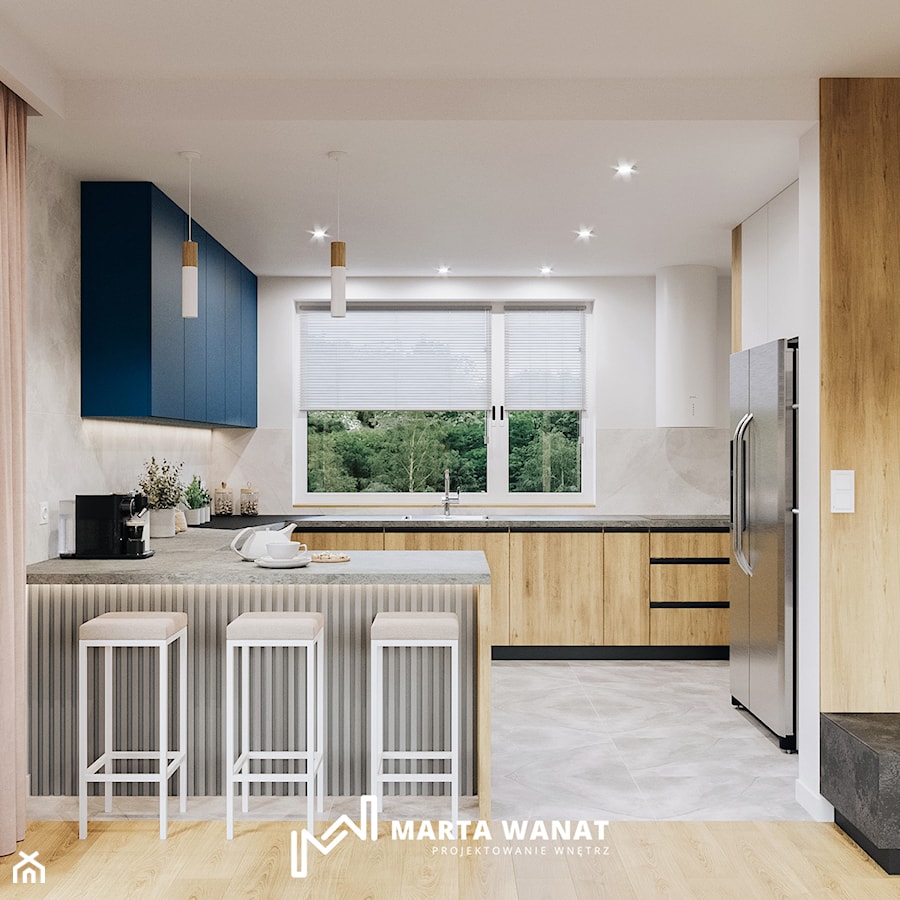 Projekt salonu z aneksem w domu jednorodzinnym - Kuchnia, styl nowoczesny - zdjęcie od Marta Wanat Projektowanie wnętrz