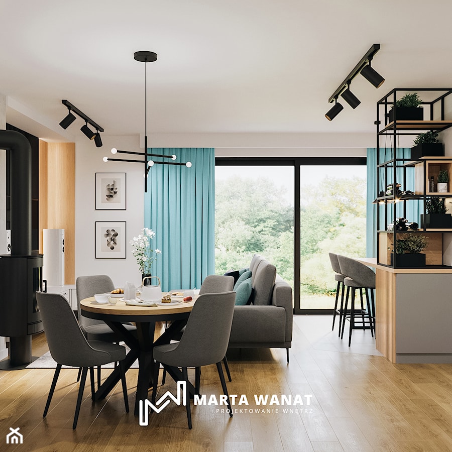 Kontrastowy salon z aneksem kuchennym - Salon, styl industrialny - zdjęcie od Marta Wanat Projektowanie wnętrz
