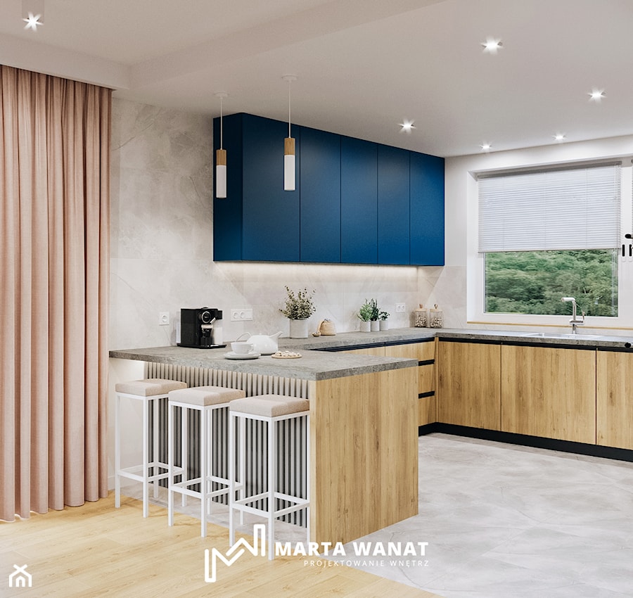 Projekt salonu z aneksem w domu jednorodzinnym - Kuchnia, styl nowoczesny - zdjęcie od Marta Wanat Projektowanie wnętrz