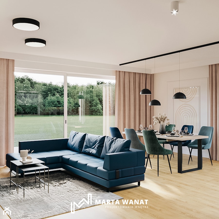 Projekt salonu z aneksem w domu jednorodzinnym - Salon, styl nowoczesny - zdjęcie od Marta Wanat Projektowanie wnętrz