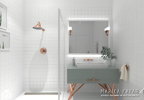 Średnia bez okna z lustrem z punktowym oświetleniem łazienka, styl minimalistyczny - zdjęcie od MARIKA KAFAR AUTORSKA PRACOWNIA ARCHITEKTURY WNĘTRZ