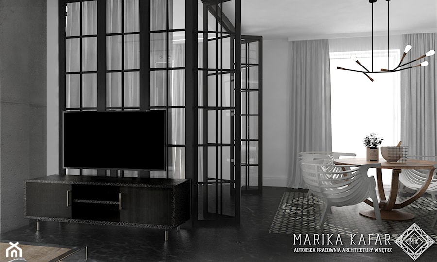 Mały biały szary salon z jadalnią, styl minimalistyczny - zdjęcie od MARIKA KAFAR AUTORSKA PRACOWNIA ARCHITEKTURY WNĘTRZ