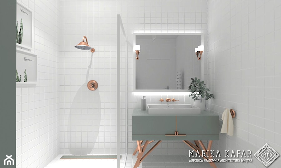 Mała na poddaszu bez okna łazienka, styl minimalistyczny - zdjęcie od MARIKA KAFAR AUTORSKA PRACOWNIA ARCHITEKTURY WNĘTRZ