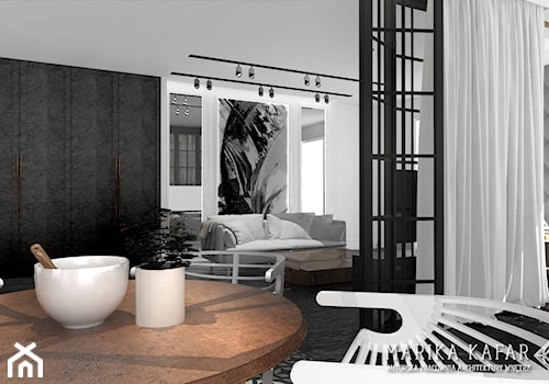 Duży biały czarny szary salon z jadalnią, styl tradycyjny - zdjęcie od MARIKA KAFAR AUTORSKA PRACOWNIA ARCHITEKTURY WNĘTRZ