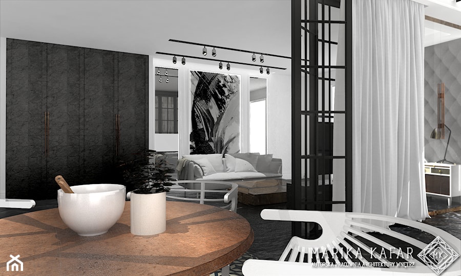 Duży biały czarny szary salon z jadalnią, styl tradycyjny - zdjęcie od MARIKA KAFAR AUTORSKA PRACOWNIA ARCHITEKTURY WNĘTRZ