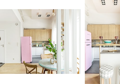 Średnia otwarta z salonem z kamiennym blatem biała z zabudowaną lodówką z lodówką wolnostojącą kuchnia w kształcie litery g z oknem, styl nowoczesny - zdjęcie od fajnyprojekt