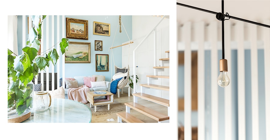 Mieszkanie z antresolą - Mały biały niebieski salon z jadalnią, styl nowoczesny - zdjęcie od fajnyprojekt