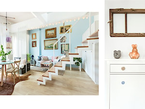 Mieszkanie z antresolą - Mały biały niebieski salon z jadalnią, styl nowoczesny - zdjęcie od fajnyprojekt