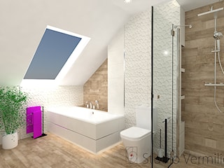 Biała łazienka z drewnem