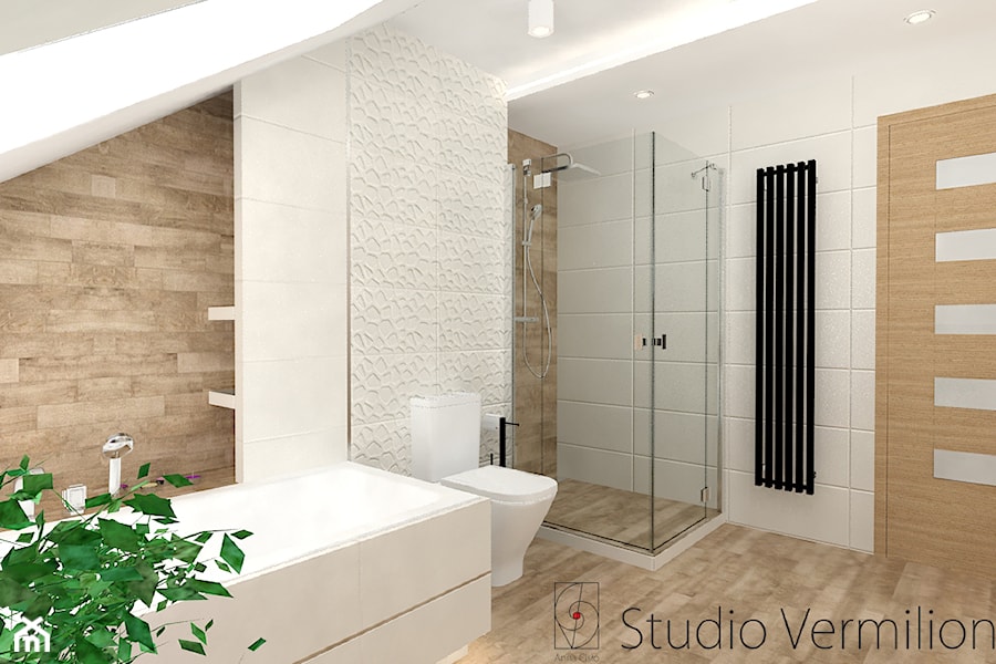 Biała łazienka z drewnem - Łazienka - zdjęcie od Studio Vermilion Anna Cisło