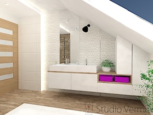 Biała łazienka z drewnem - Łazienka - zdjęcie od Studio Vermilion Anna Cisło