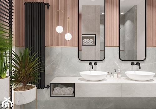 DOM / MAGDALENKA - Duża z lustrem z dwoma umywalkami z punktowym oświetleniem łazienka z oknem, styl nowoczesny - zdjęcie od ZEN Interiors