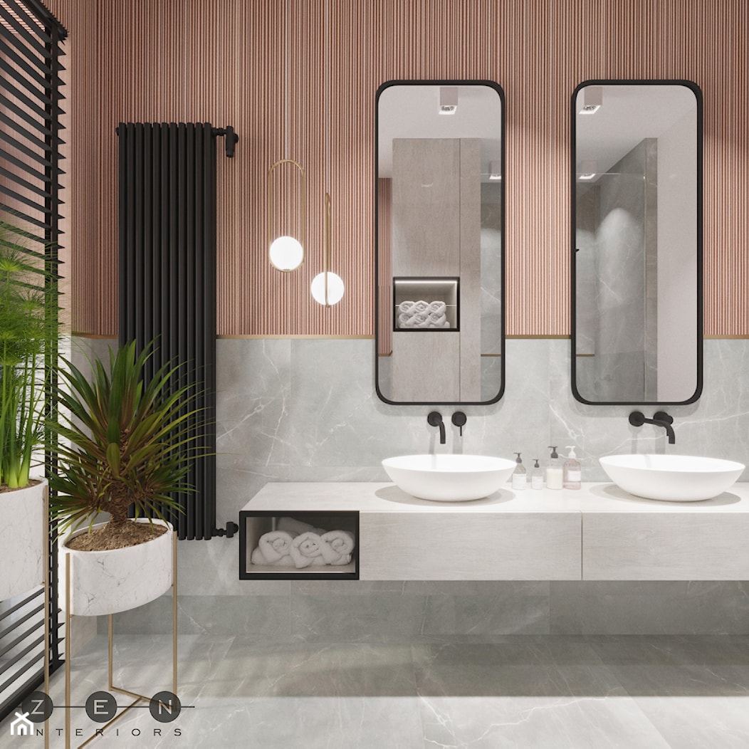 DOM / MAGDALENKA - Duża z lustrem z dwoma umywalkami z punktowym oświetleniem łazienka z oknem, styl nowoczesny - zdjęcie od ZEN Interiors - Homebook