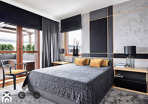 MIESZKANIE / BLUSZCZAŃSKA - Mała czarna szara sypialnia z balkonem / tarasem, styl glamour - zdjęcie od ZEN Interiors
