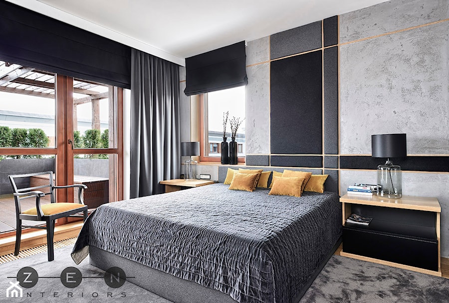 MIESZKANIE / BLUSZCZAŃSKA - Mała czarna szara sypialnia z balkonem / tarasem, styl glamour - zdjęcie od ZEN Interiors