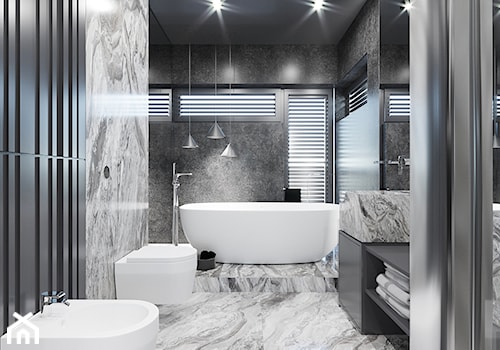 DOM / MSZCZONÓW - Duża z lustrem z dwoma umywalkami z marmurową podłogą z punktowym oświetleniem łazienka z oknem, styl nowoczesny - zdjęcie od ZEN Interiors