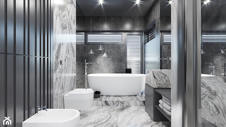 DOM / MSZCZONÓW - Duża z lustrem z dwoma umywalkami z marmurową podłogą z punktowym oświetleniem łazienka z oknem, styl nowoczesny - zdjęcie od ZEN Interiors