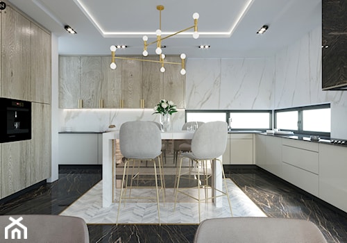 ZEN | Elegancki dom - Duża otwarta z salonem biała z zabudowaną lodówką kuchnia w kształcie litery l z oknem z marmurem nad blatem kuchennym z marmurową podłogą, styl nowoczesny - zdjęcie od ZEN Interiors