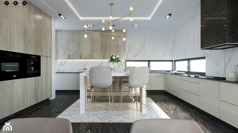 ZEN | Elegancki dom - Duża otwarta z salonem biała z zabudowaną lodówką kuchnia w kształcie litery l z oknem z marmurem nad blatem kuchennym z marmurową podłogą, styl nowoczesny - zdjęcie od ZEN Interiors